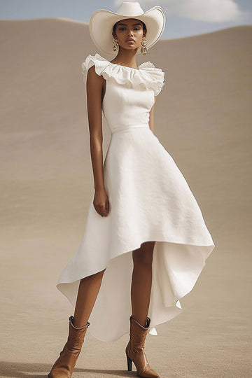 Ivory A Line High Low Engagement Dress with Ruffles